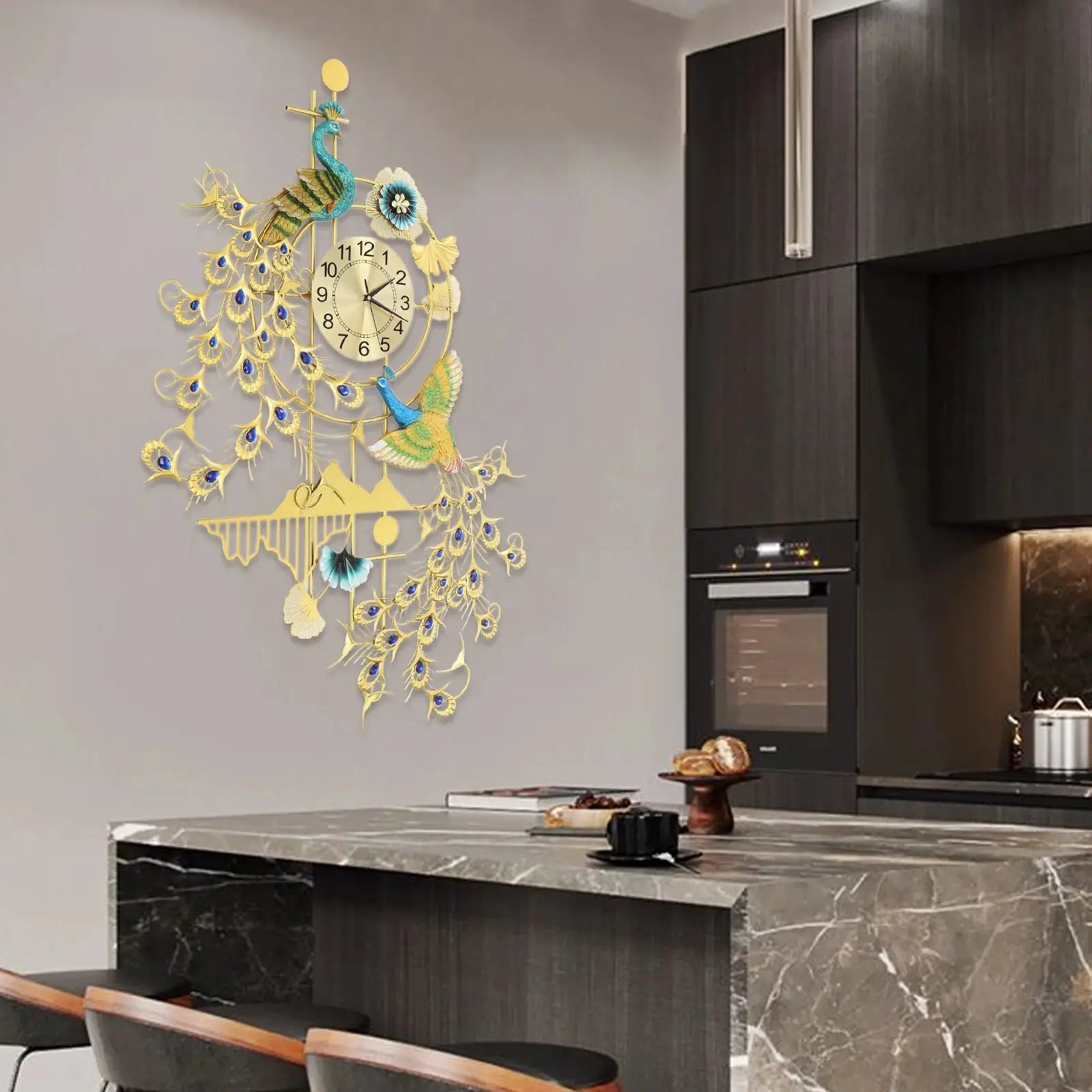 Peacock wall clock by Simples Market, large 80x120cm gold and blue rhinestone iron resin art for modern living room