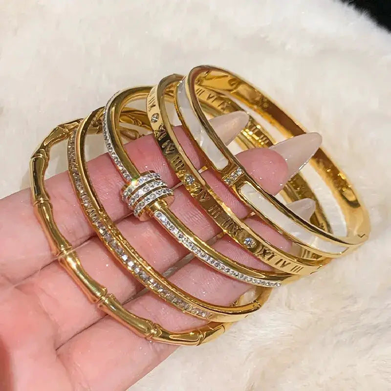 Titanium Steel Bracelet Gold Plated With Zircon Inlaid Classic Simple Style For Womens Daily Wear