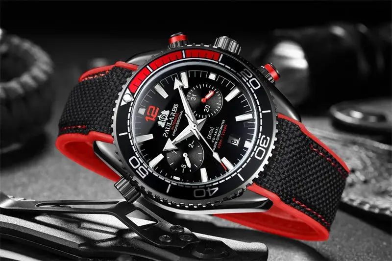 PAULAREIS P luxury men's automatic watch with black dial, red bezel, and rubber strap