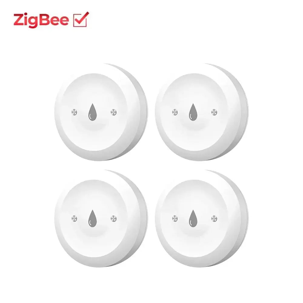 Tuya ZigBee water immersion sensors, 4-pack, white round leak detectors with droplet icon