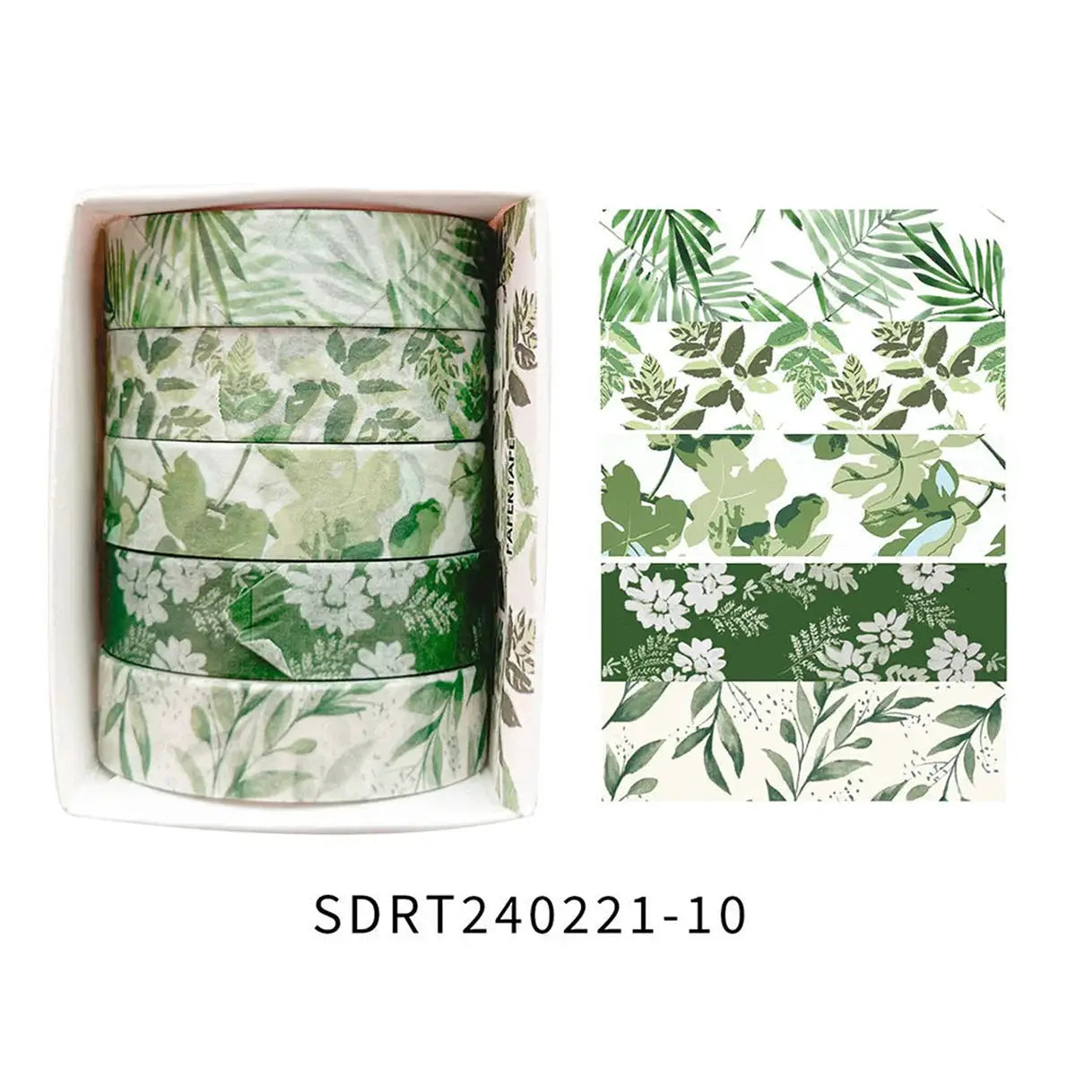 Washi tape, boxed set of 5 rolls, green botanical floral designs by Simples Market