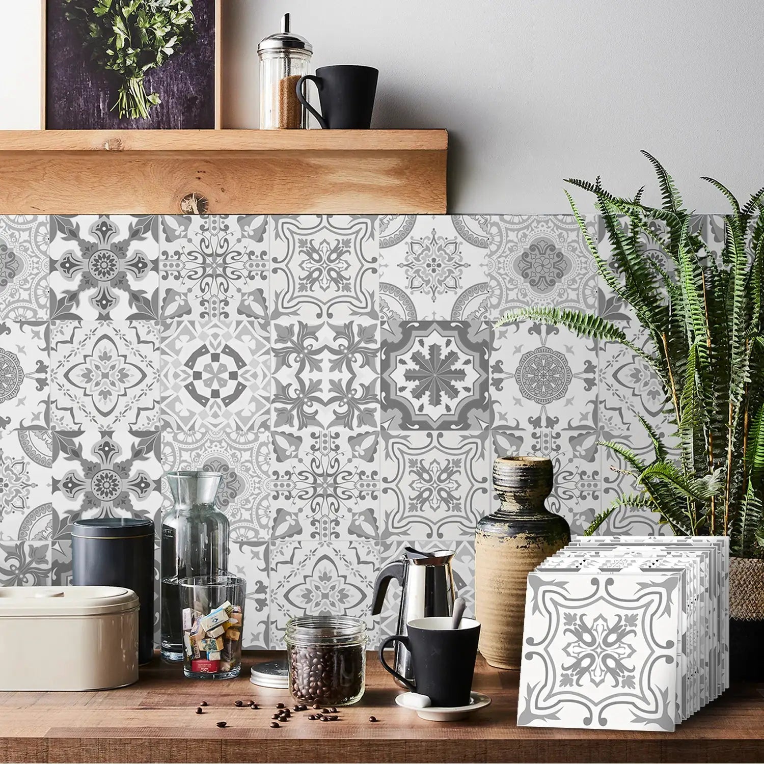 Tile self-adhesive wall sticker set, 24 pcs, waterproof grey patterned ceramic tile look, Simples Market