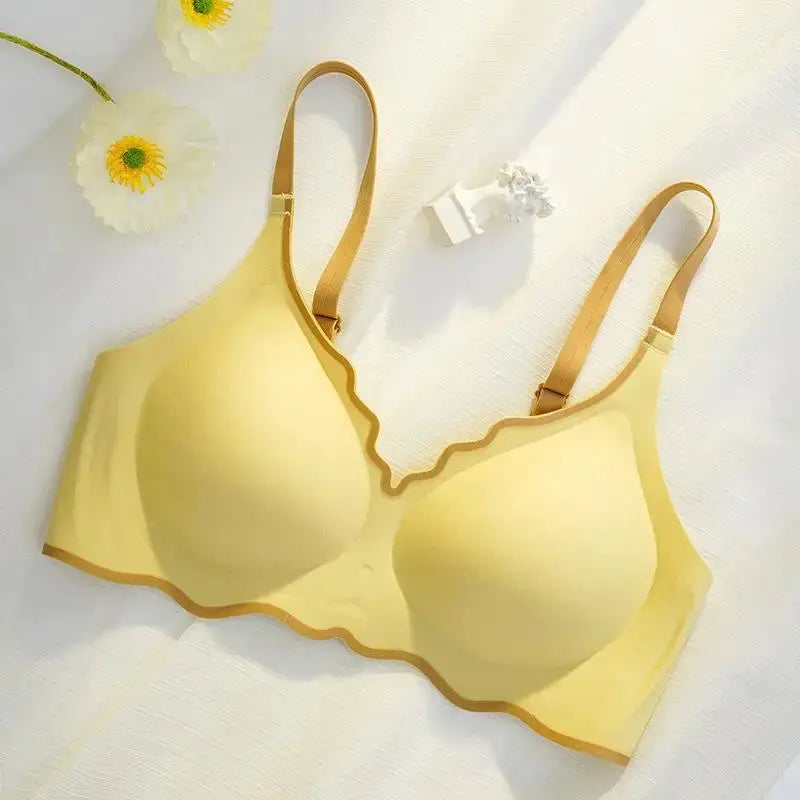 No Trace Contrasting Color women's push-up bra in pale yellow with scalloped brown trim and adjustable straps