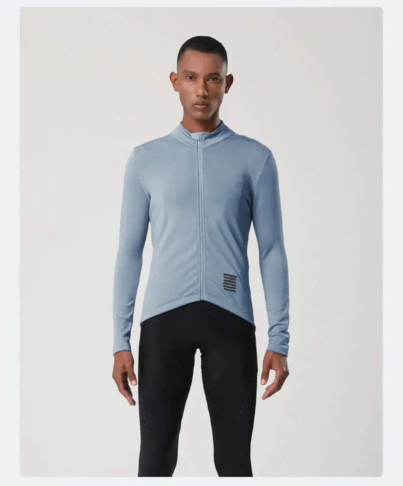 YKYWBIKE men's cycling jacket, light blue long-sleeve with front zipper and stand collar
