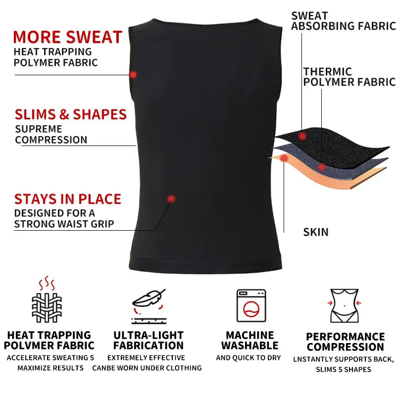 Simples Market men's abdomen reducer body shaper sauna vest, black with heat-trapping polymer fabric and supreme compression