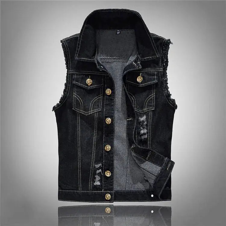 Men's black denim sleeveless vest with distressed edges and gold buttons