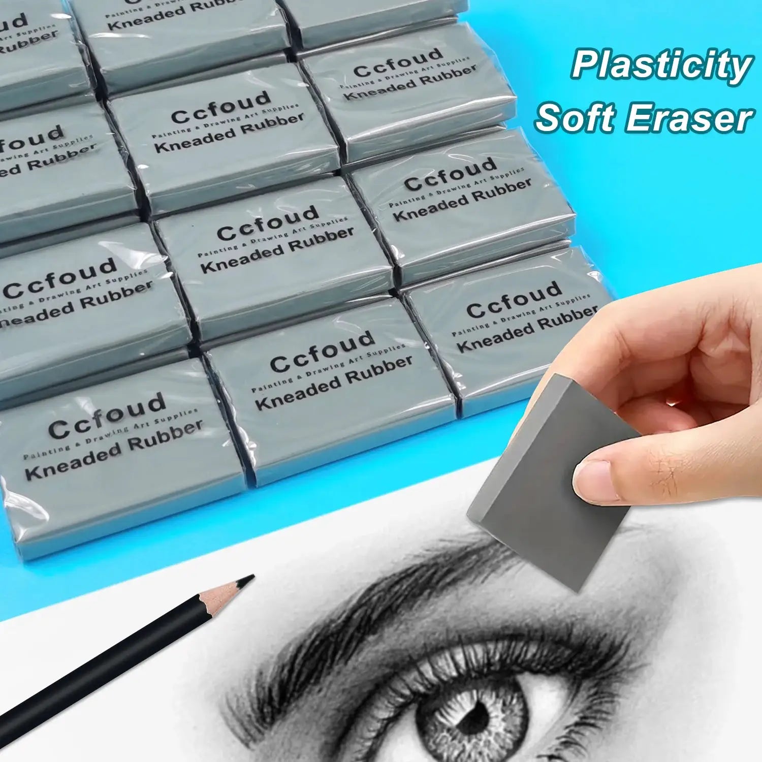 Grey kneaded eraser blocks for blending and sketching; multiple packs stacked