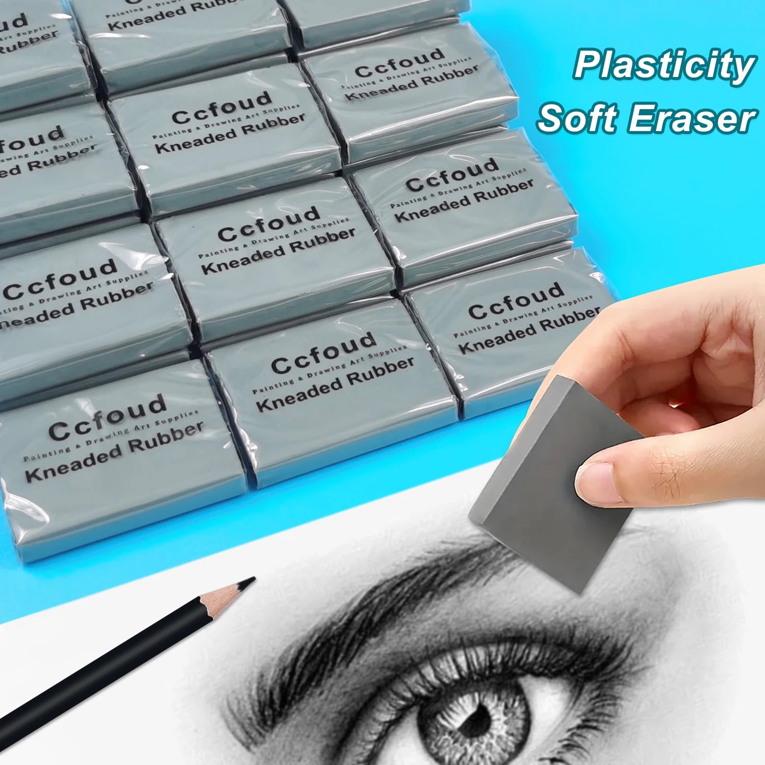 Grey kneaded rubber erasers by Ccfoud, stacked in plastic-wrapped packs