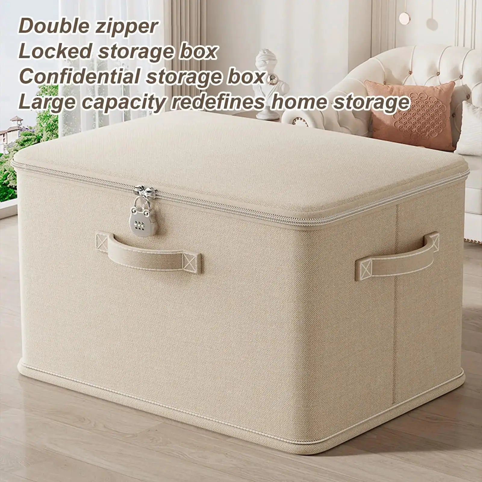 Lockable odor-proof fabric storage box with handles; beige, stackable