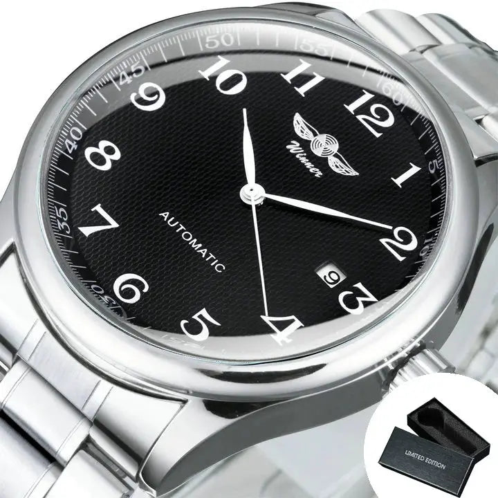 Winner men's automatic wristwatch with black dial, date window, and stainless steel bracelet; limited edition box