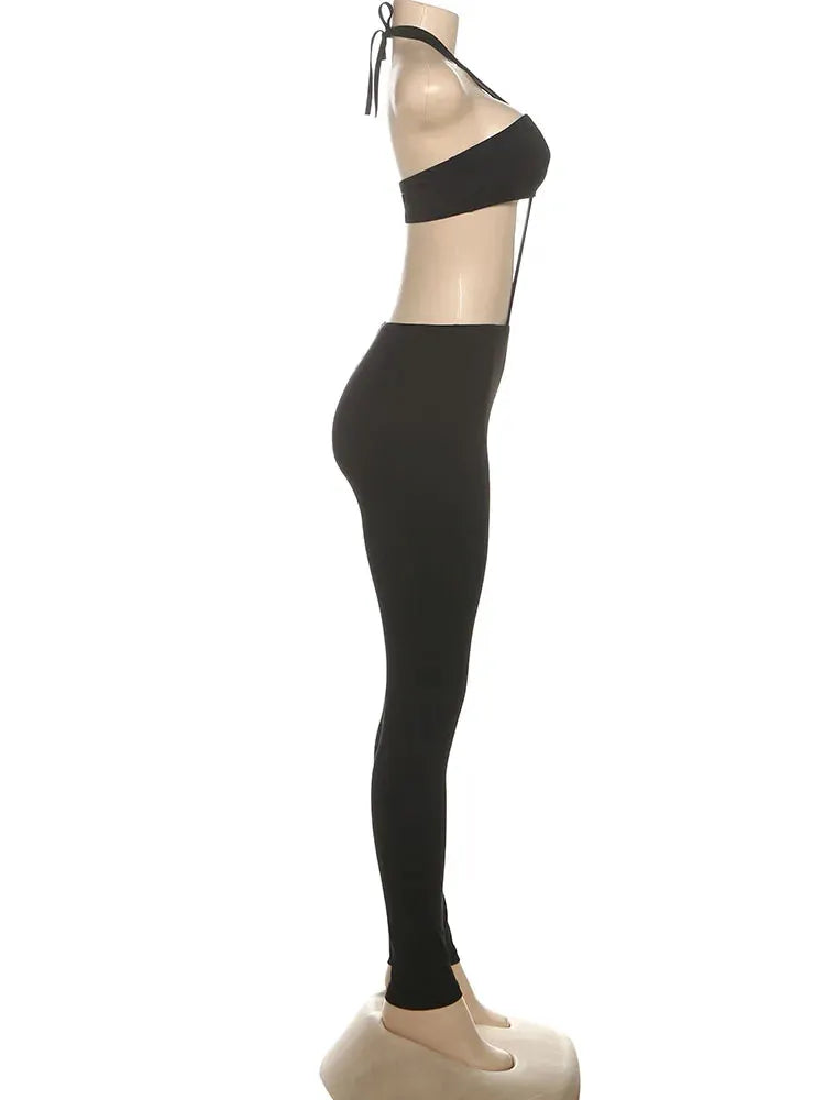 Kliou cross-cut halter backless jumpsuit for women in black; elastic bandage-style one-piece by Simples Market