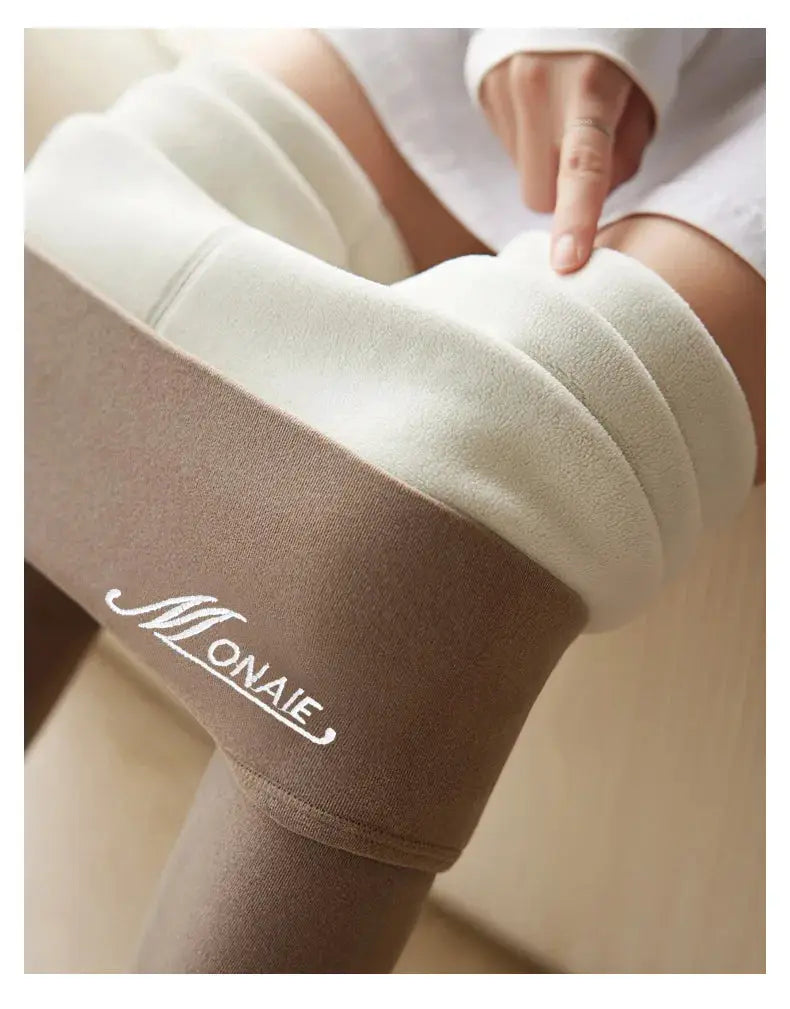 Winter cashmere leggings for women, solid warm beige with high waist and thick velvet band, Monaie logo