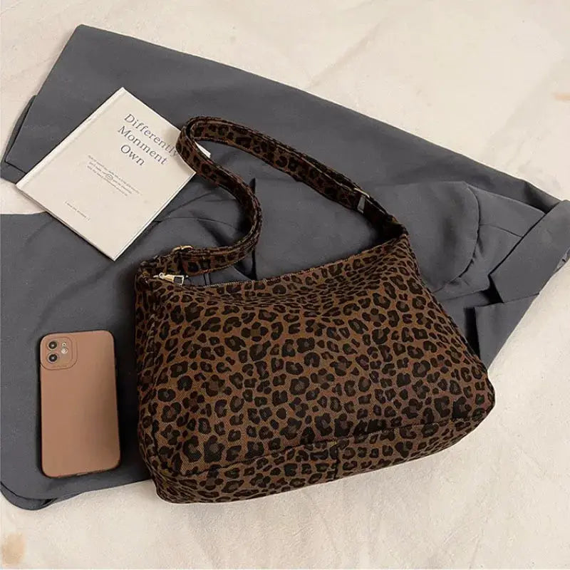 Leopard print shoulder bag with soft textile, large capacity for commute