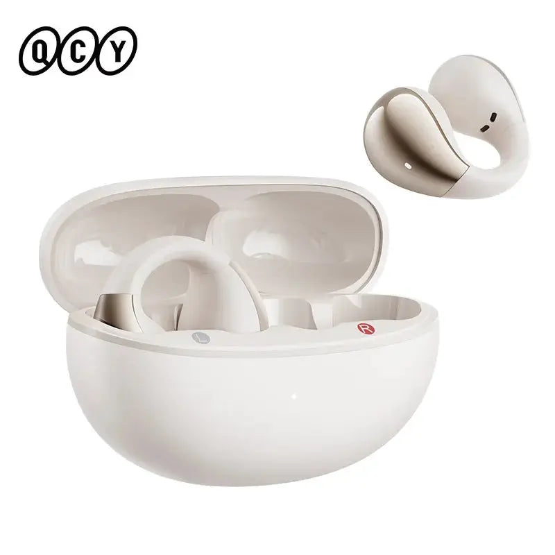 QCY Crossky C30 open-ear wireless earbuds in white with charging case; QCY logo visible.