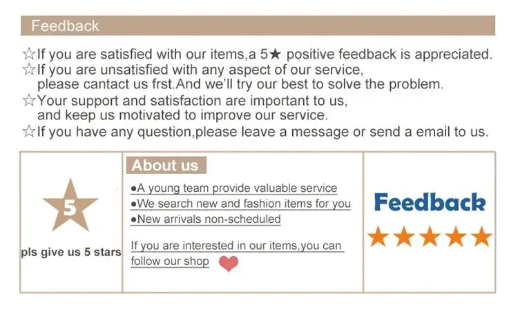 Feedback card showing a five-star rating, About us bullets, and a right-side Feedback header with orange stars.