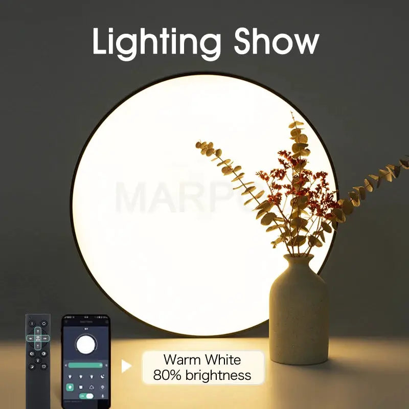 MARPOU round smart LED ceiling lamp with remote; warm white, 80% brightness for bedroom