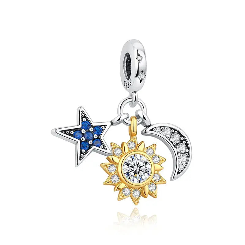 Sterling silver star, gold-tone sun and crescent moon zircon charms; set of 3 for bracelets and necklaces