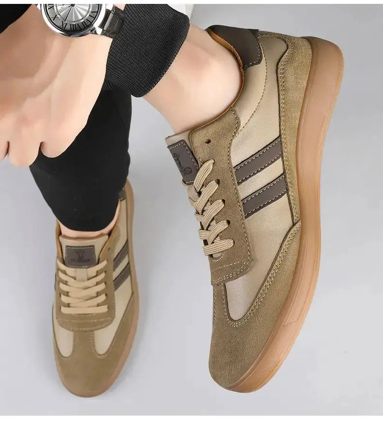 Simples Market men's sneakers, tan beige suede with dark side stripes, beige laces, non-slip sole