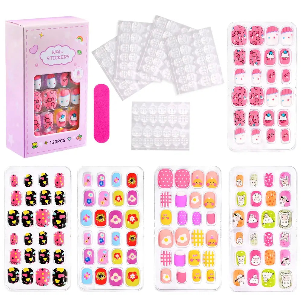 KawaiiKidz Kids Cartoon Press On Nails Acrylic Full Cover Short False Nails Safe Easy To Apply Jelly Glue 120Pcs