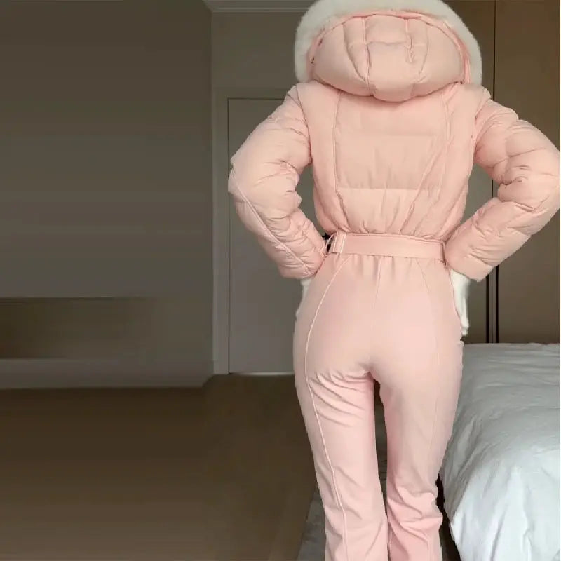 Simples Market women's pink thick one-piece ski suit with faux-fur hood and belt