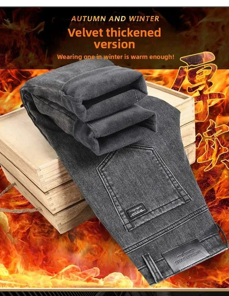 Simples Market men's black fleece-lined denim pants, straight-stretch fit, plus size, warm velvet jeans.