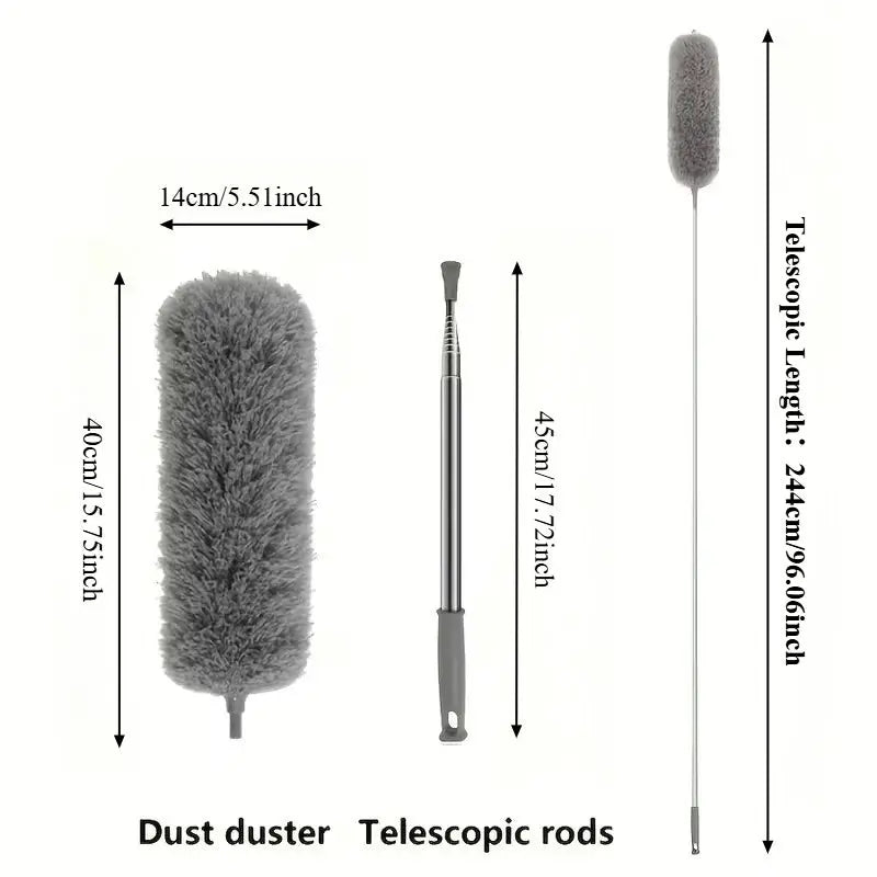 Duster with extension rod set; gray microfiber dust brush and telescopic rods, three-piece reusable ceiling cleaning tool.