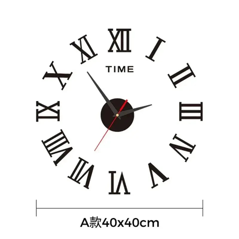Large 3D DIY silent wall clock sticker with black Roman numerals and dial; grey hands, red second hand, 40x40 cm.