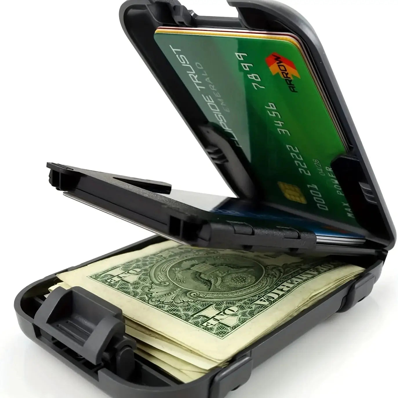 Simples Market metal RFID-blocking wallet; ultra-thin aluminum clip, holds cards and cash.