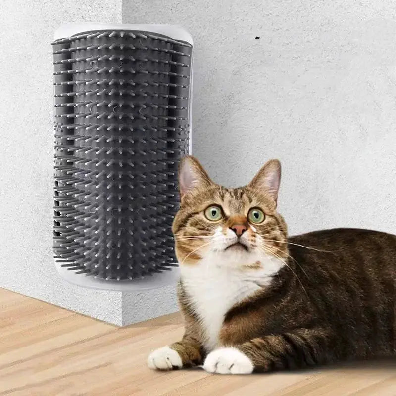 Cat massage brush, gray wall-mounted self-cleaning pet hair remover beside a curious cat