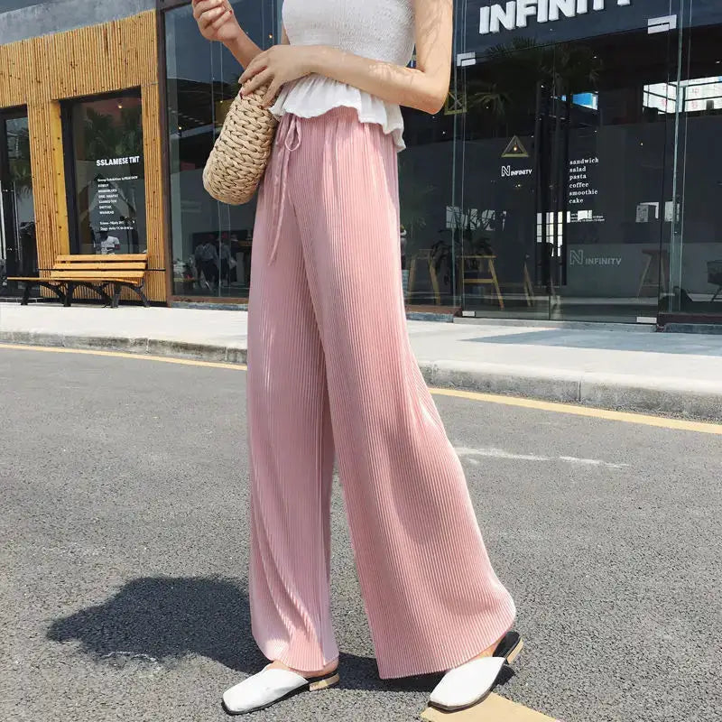 NovaModa Ice Silk Pleated Wide Leg Pants For Women Breathable Summer Comfort Elastic Waist