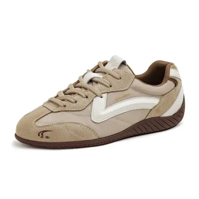 Maden unisex fall vintage patchwork racing shoes, beige suede with white side stripe, lace-up sneakers