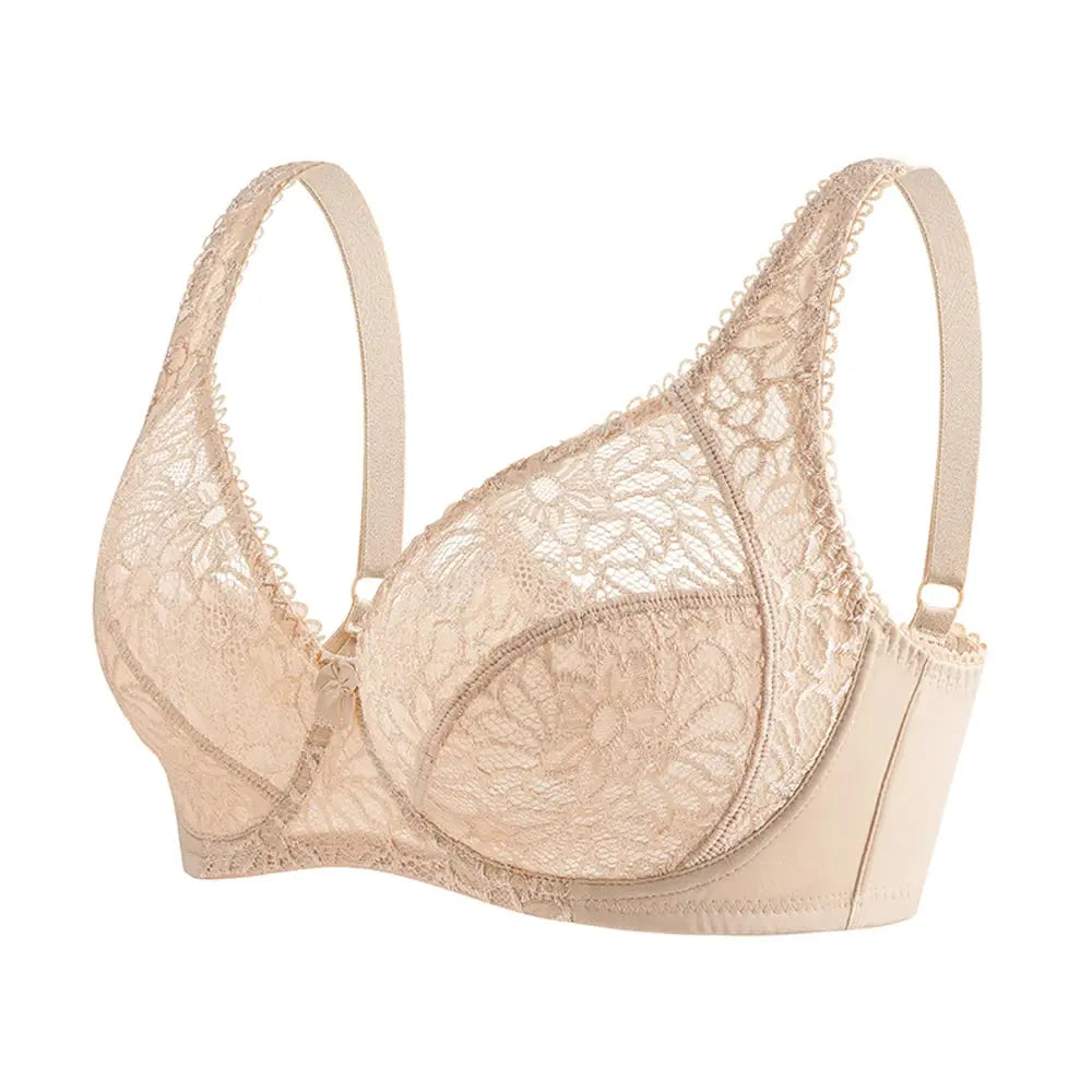 Plus size lace bra in nude beige with floral lace, underwire and adjustable straps