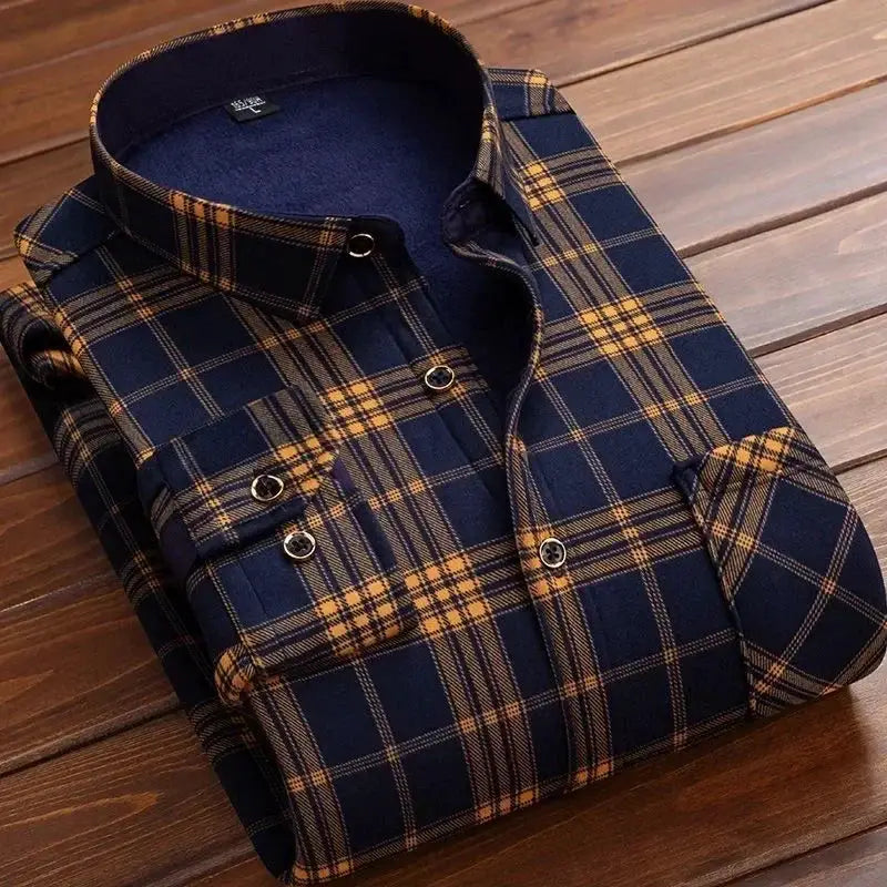 Men's navy and mustard plaid flannel shirt, thick warm long-sleeve button-down top