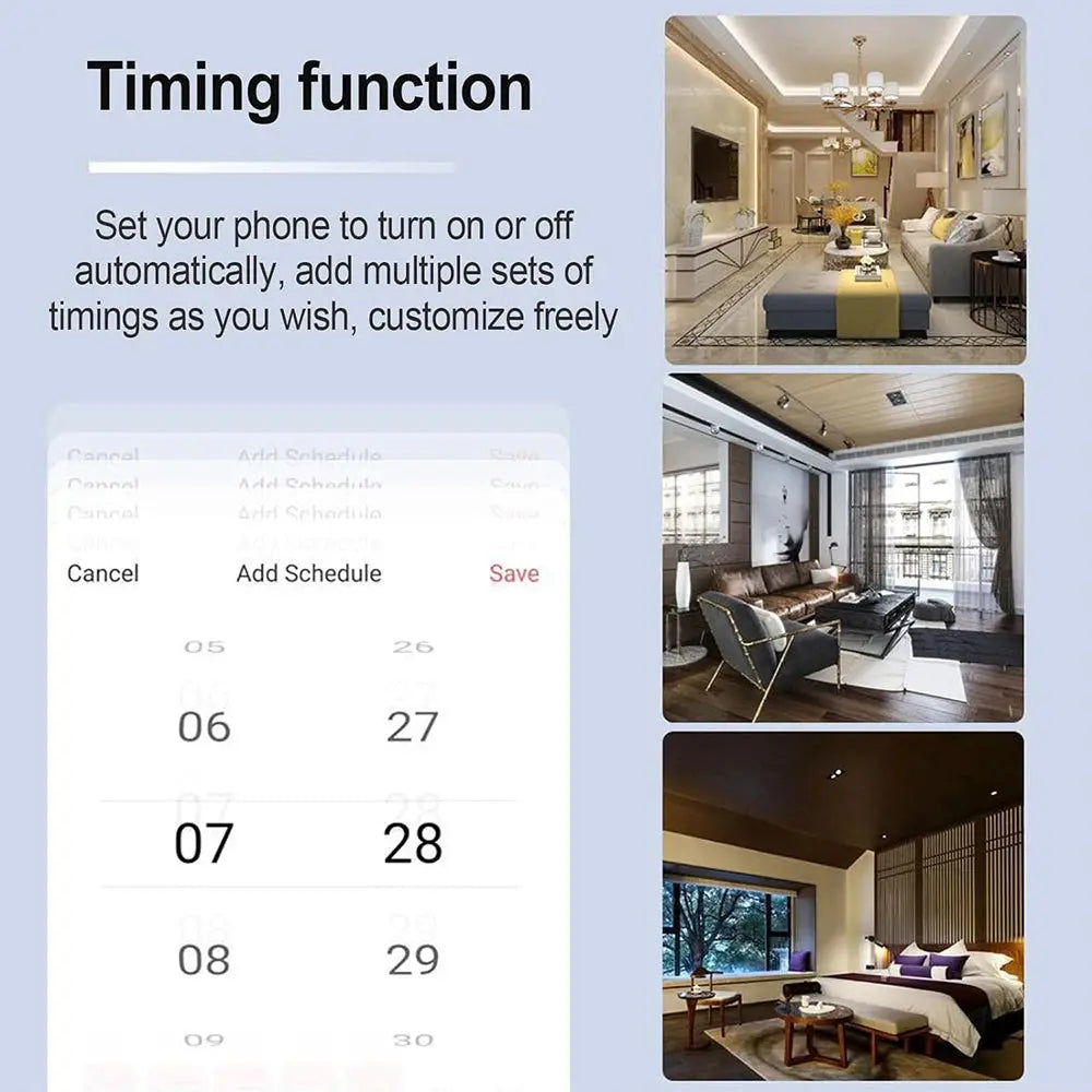 Simples Market Zigbee 16A 1/2CH smart switch module with timing function visuals; living room, bedroom, and lounge.