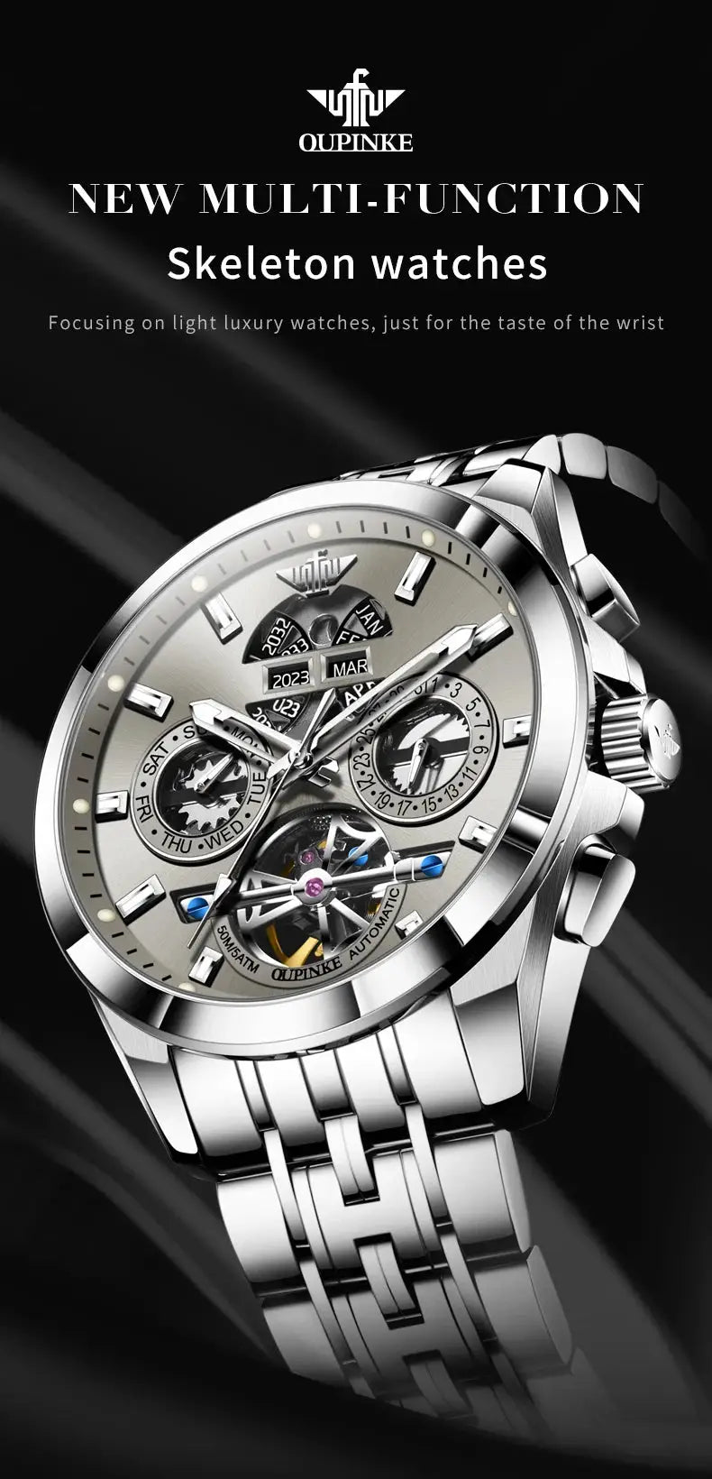OUPINKE men's skeleton watch with stainless steel bracelet and automatic movement