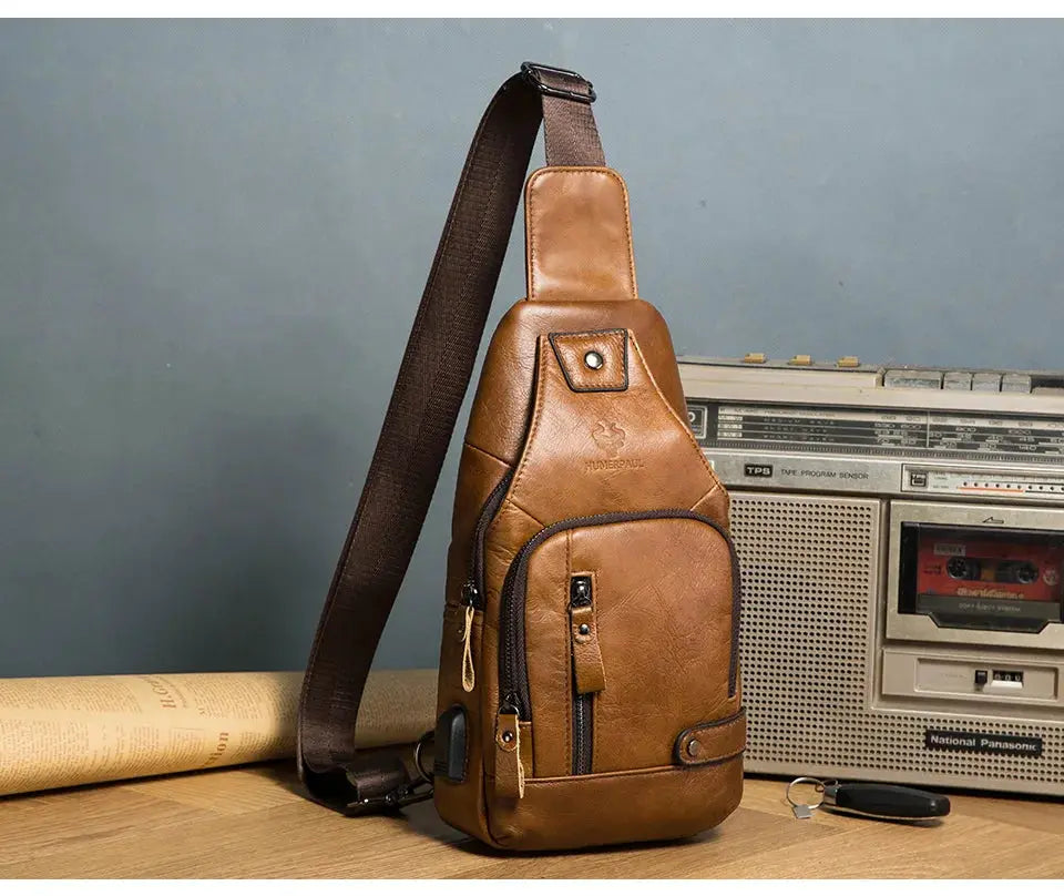 HUMERPAUL leather chest bag, brown genuine leather crossbody with multiple zip pockets