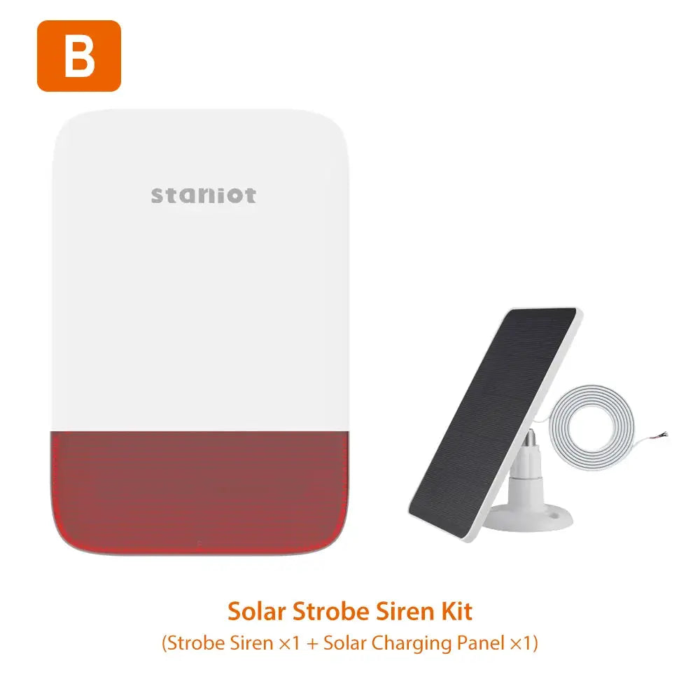 Staniot Wireless Strobe Siren Kit with strobe siren and solar panel; 120dB, 5000mAh battery, Simples Market