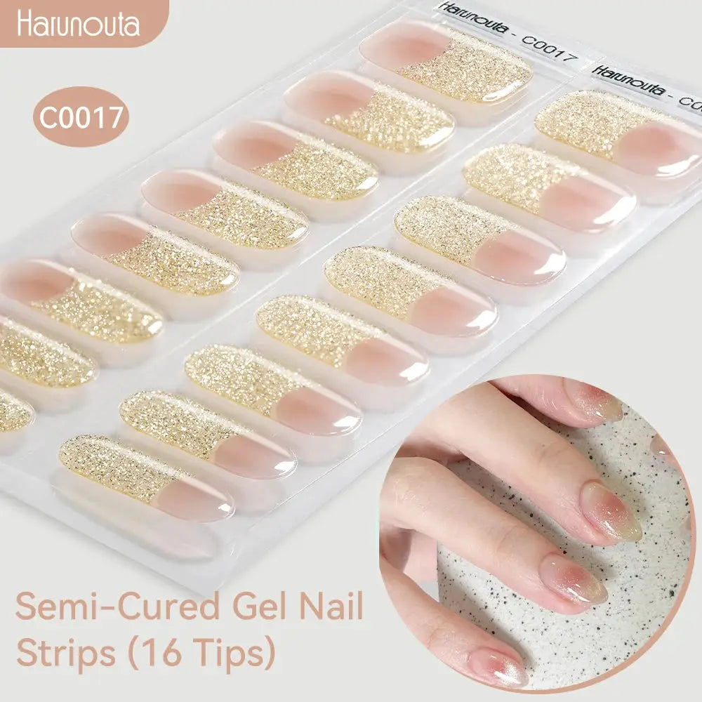 Gel nail strip set by Simples Market, gradient auroras with pink-to-gold glitter, 16 pieces
