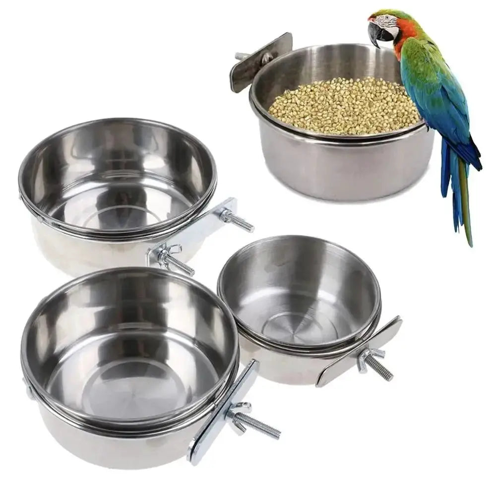 Stainless Steel Clamp On Parrot Rabbit Hamster Pet Bowl Water Feeder Cage Cup Hanging Dish