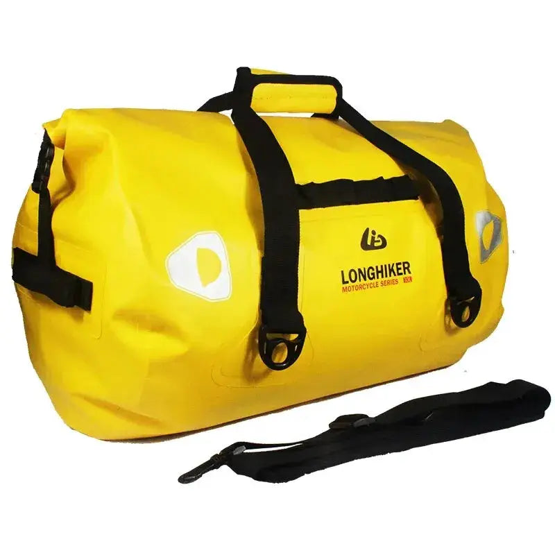 Duffle bag yellow waterproof LONGHIKER motorcycle tail bag with black straps, 40-120L capacity