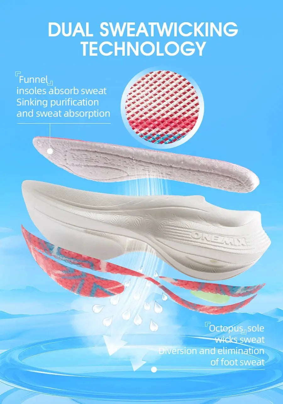 ONEMIX running shoe with white midsole and insole, brand logo visible, blue background with red mesh inset