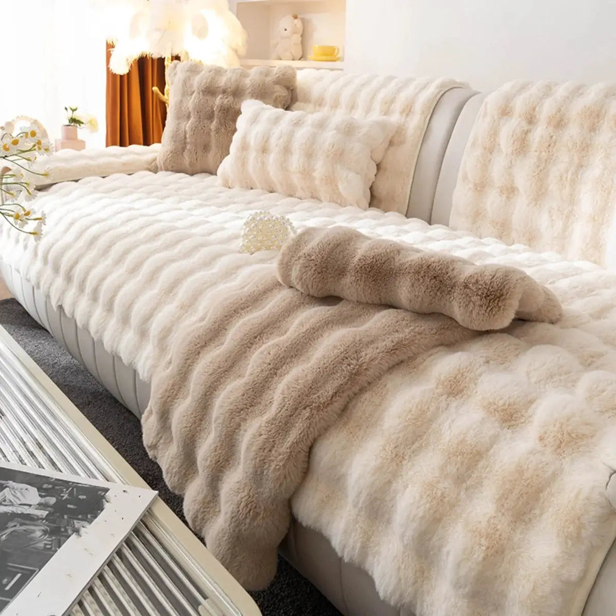 Simples Market faux rabbit fur sofa slipcover in beige with plush cushions and non-slip backing