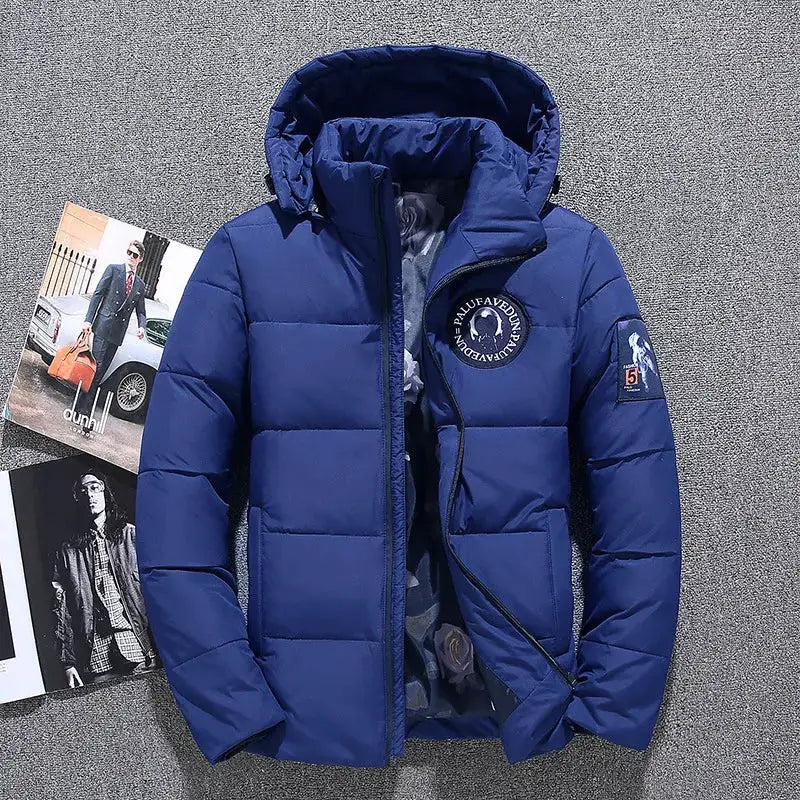 Blue men's hooded down jacket with oversized fit and thick padding.