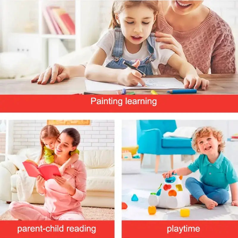 Collage depicting home learning and playtime: painting, parent-child reading, and toy play.