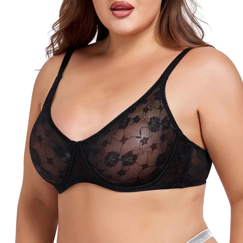 Plus size black lace underwire bra with floral mesh cups; B-E cup, comfortable lingerie