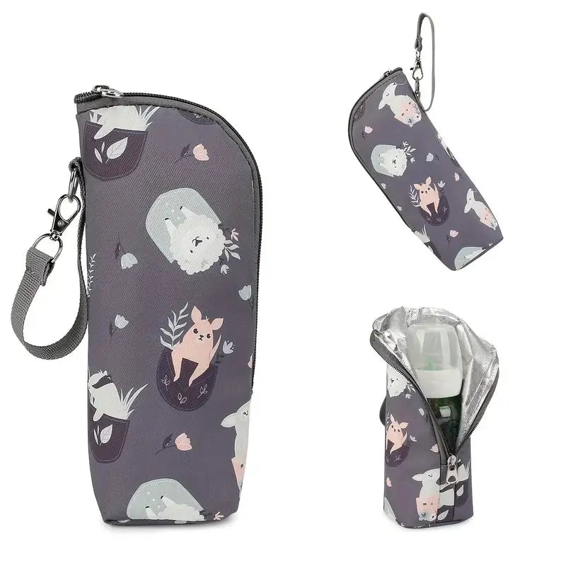 Cute Animal Print Insulated Bottle Bag and Portable Zippered Diaper Bag for Travel and Daily Use