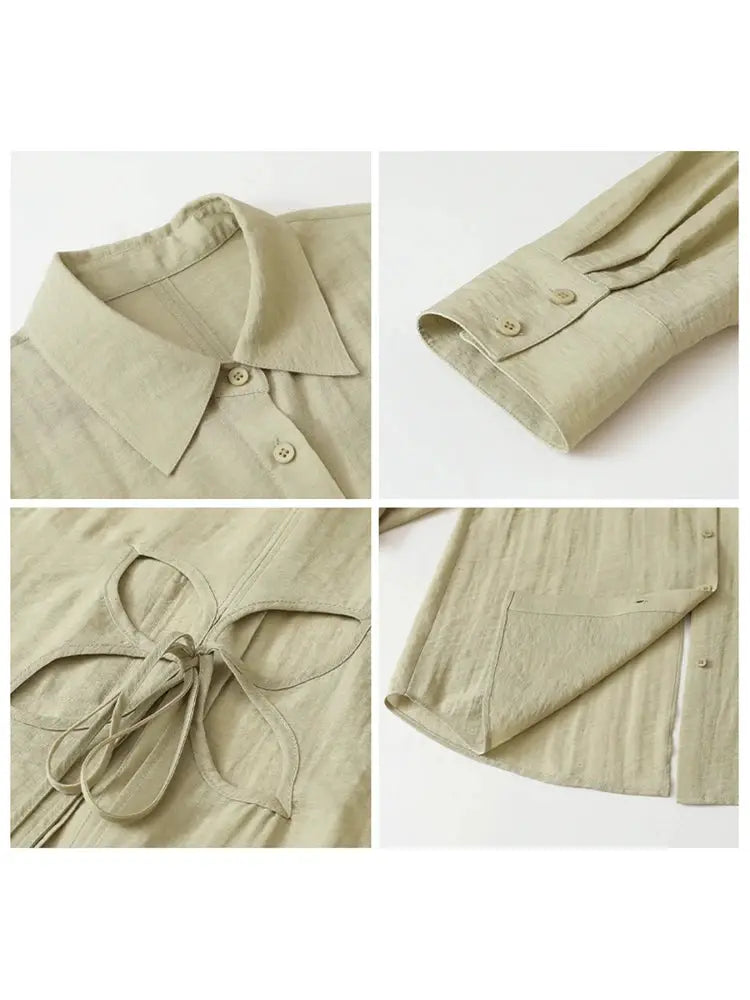 CHIC VEN Women’s long sleeve beige shirt with back bow tie and buttoned cuffs