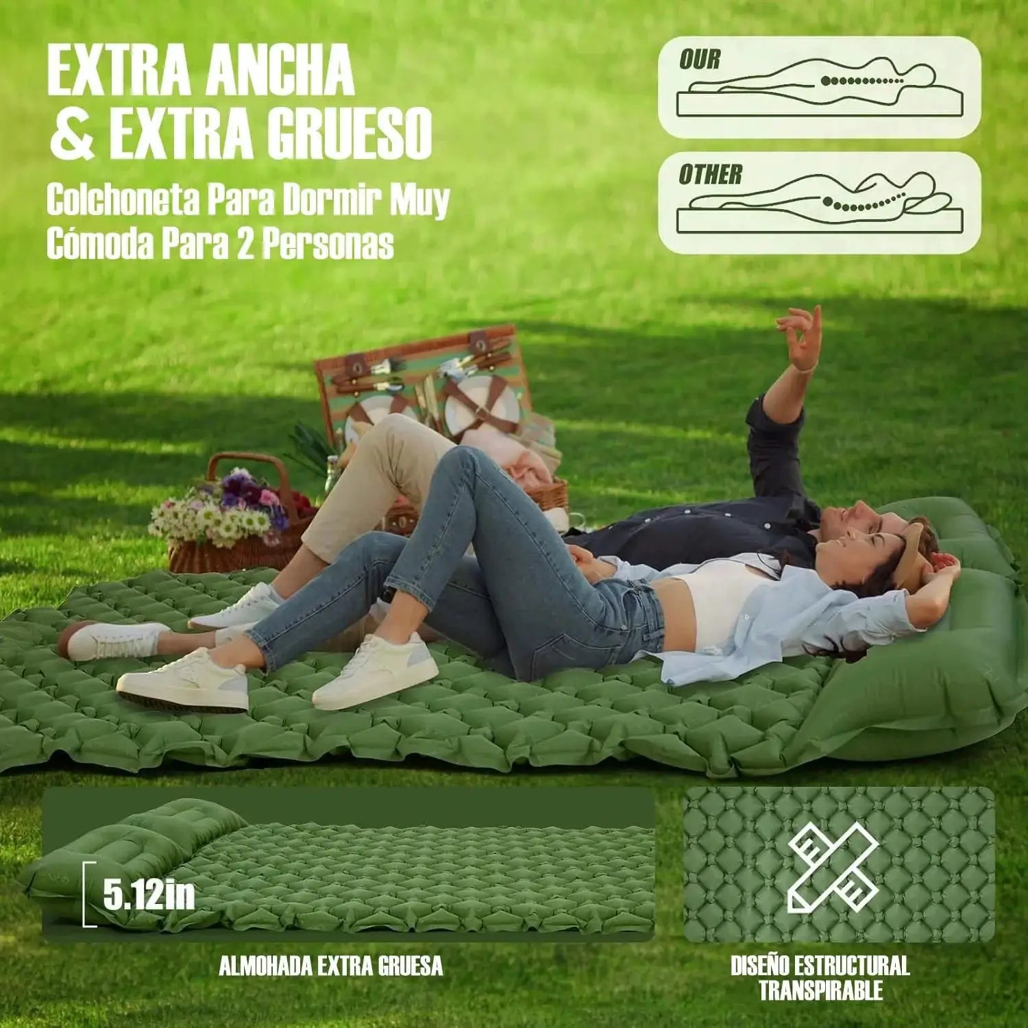 Simples Market outdoor camping double inflatable mattress, extra wide green sleeping pad with quilted surface.