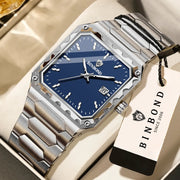 BINBOND stainless steel men's wristwatch with blue dial, date window, luminous hands
