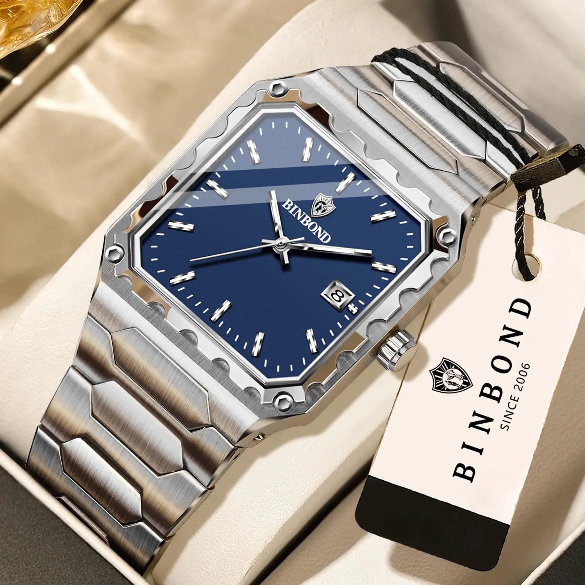 BINBOND stainless steel men's wristwatch with blue dial, date window, luminous hands